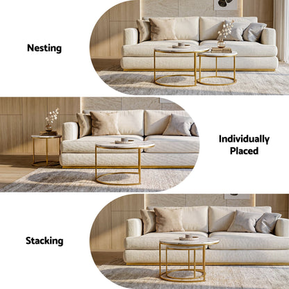Artiss Nesting Coffee Table Set of 2 Round Marble Effect 70/50cm White & Gold
