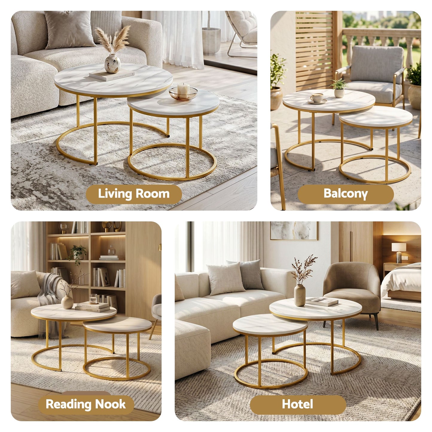 Artiss Nesting Coffee Table Set of 2 Round Marble Effect 70/50cm White & Gold