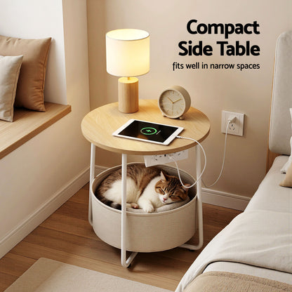 Artiss Round Coffee Table Side End Table Charging Station Storage Basket
