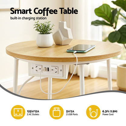 Artiss Round Coffee Table Side End Table Charging Station Storage Basket