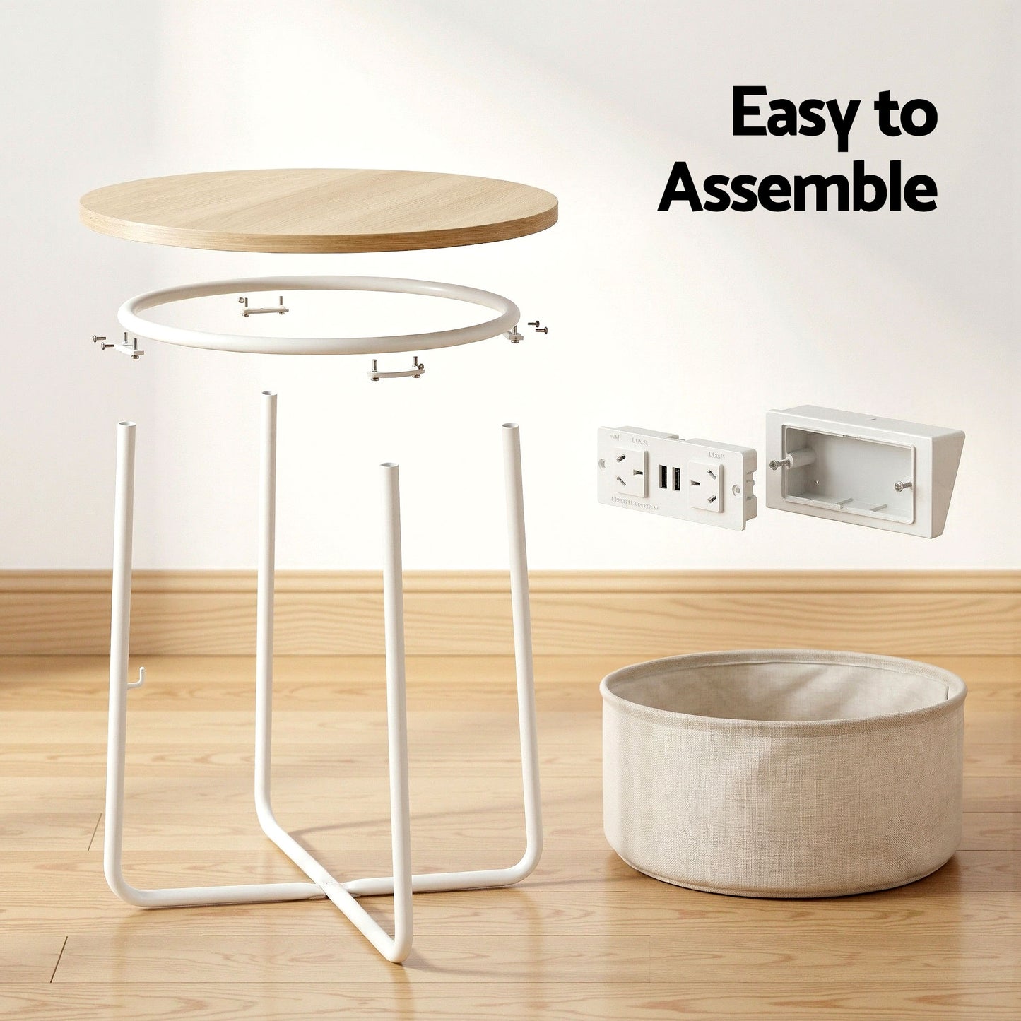 Artiss Round Coffee Table Side End Table Charging Station Storage Basket