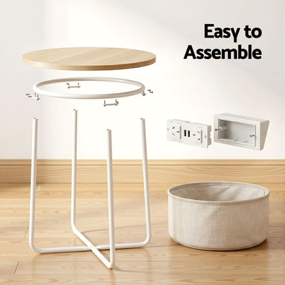 Artiss Round Coffee Table Side End Table Charging Station Storage Basket