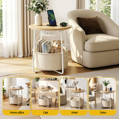 Artiss Round Coffee Table Side End Table Charging Station Storage Basket