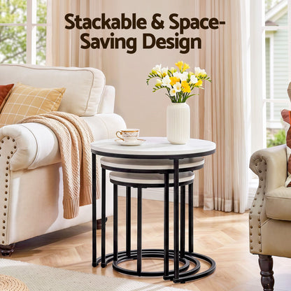 Artiss Nesting Coffee Table Set of 3 Round Stackable Side End Tables Marble Finish White
