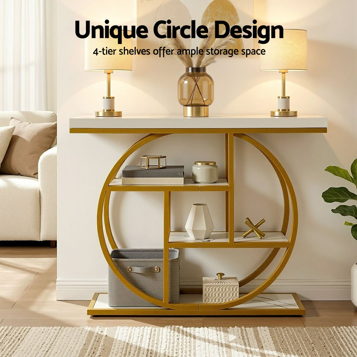 Artiss Console Table Marble Effect 4-Tier Shelves 105CM White&Gold