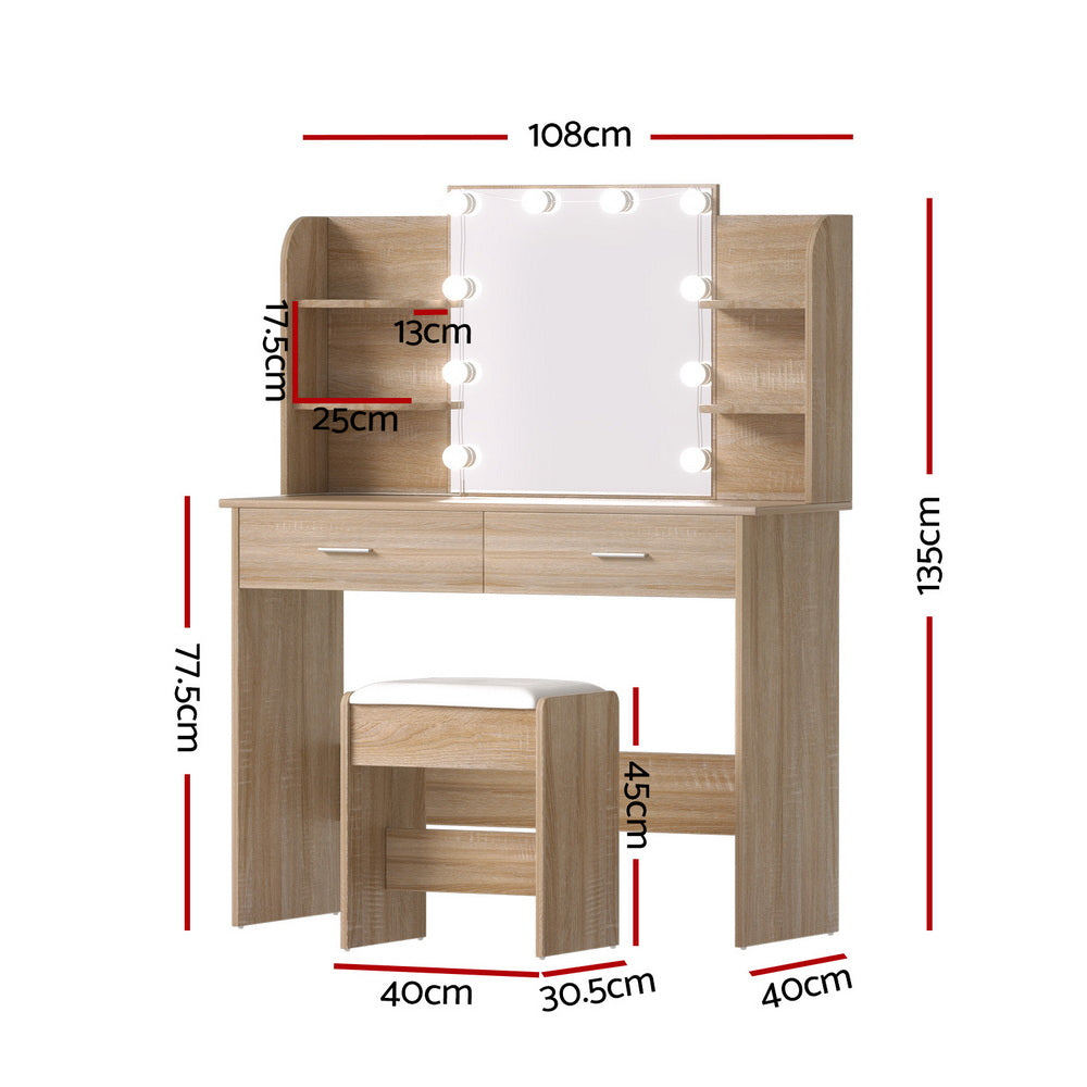 Artiss Dressing Table Set Stool 10 Led Bulbs Wood