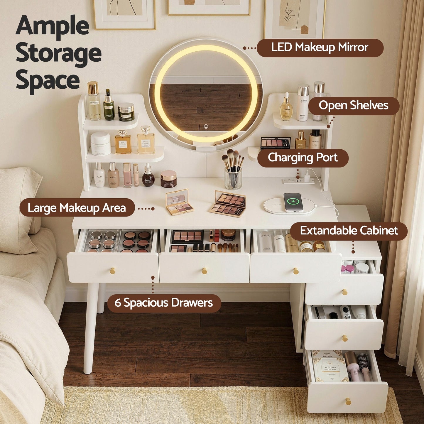 Artiss Dressing Table Vanity Desk LED Charging Station White