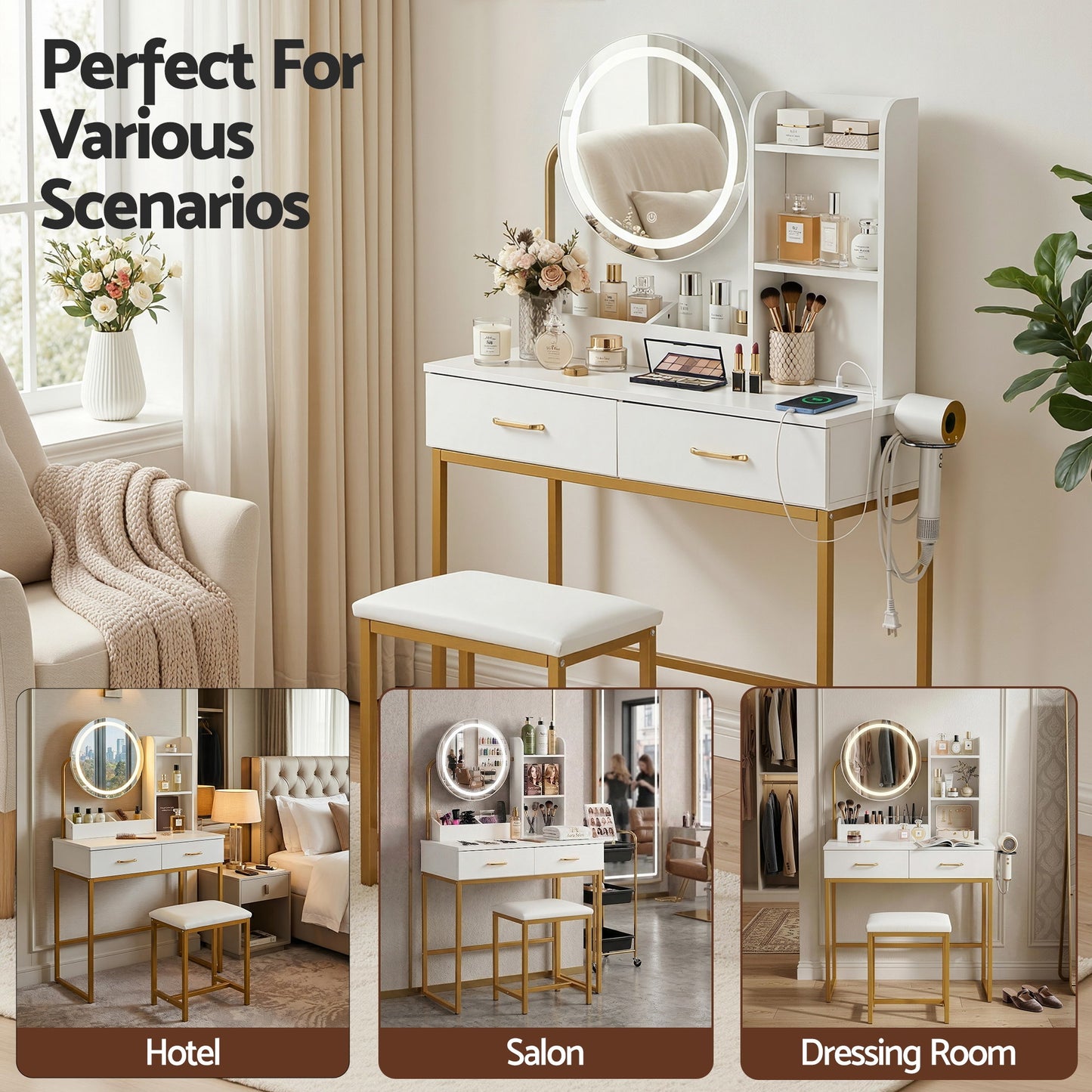 Artiss Dressing Table Vanity Desk Set Stool LED Charging Station White