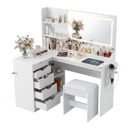 Artiss Dressing Table Corner Vanity Desk Set Stool LED Charging Station White
