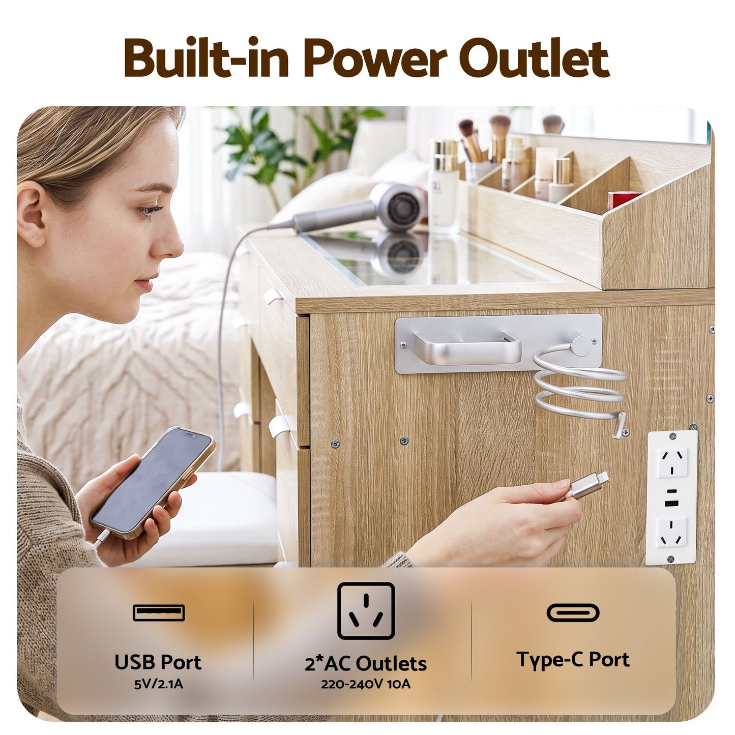 Artiss Dressing Table Makeup Vanity Desk Large LED Mirror 10 Drawers Power Outlet Hair Dryer Holder Hook Wood