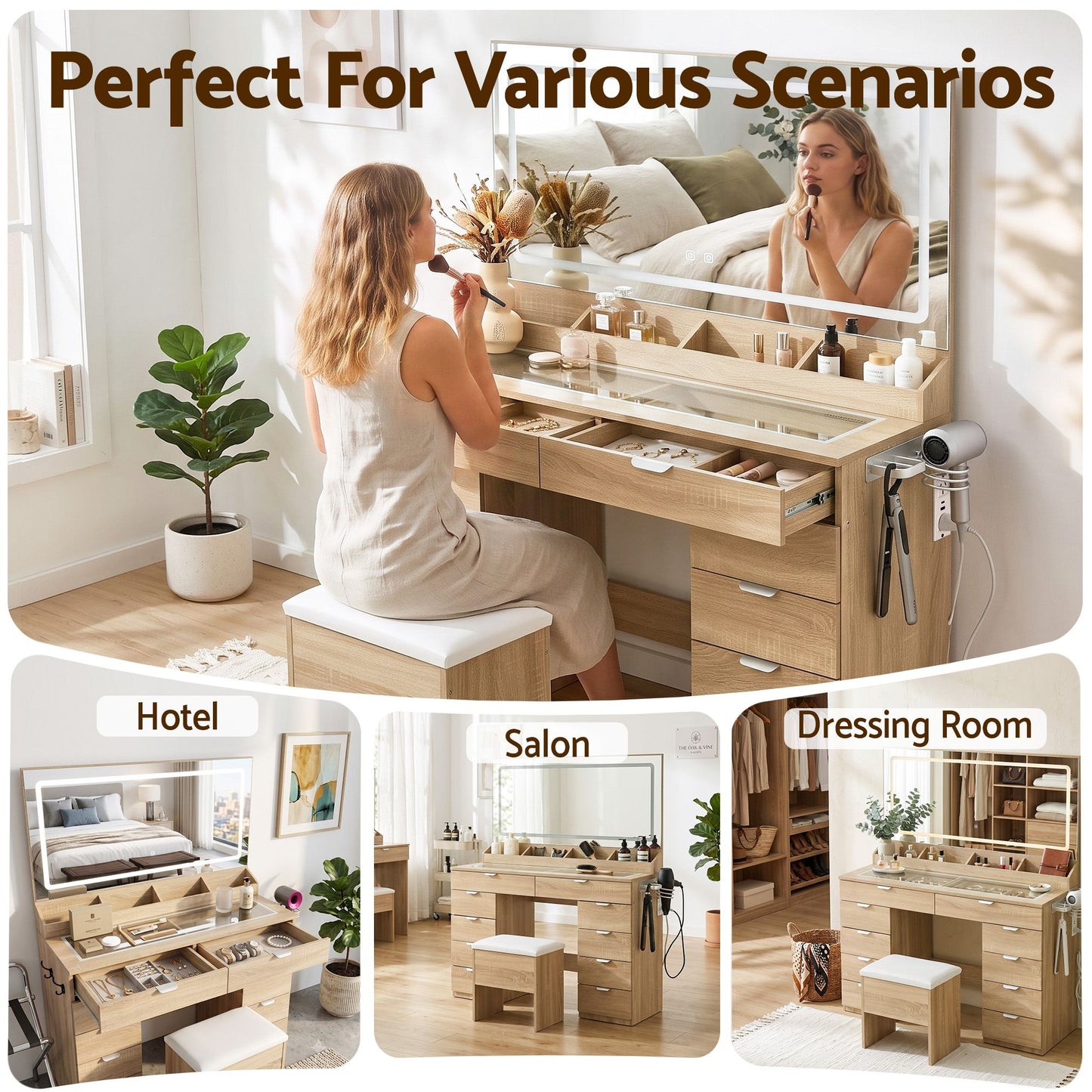 Artiss Dressing Table Makeup Vanity Desk Large LED Mirror 10 Drawers Power Outlet Hair Dryer Holder Hook Wood