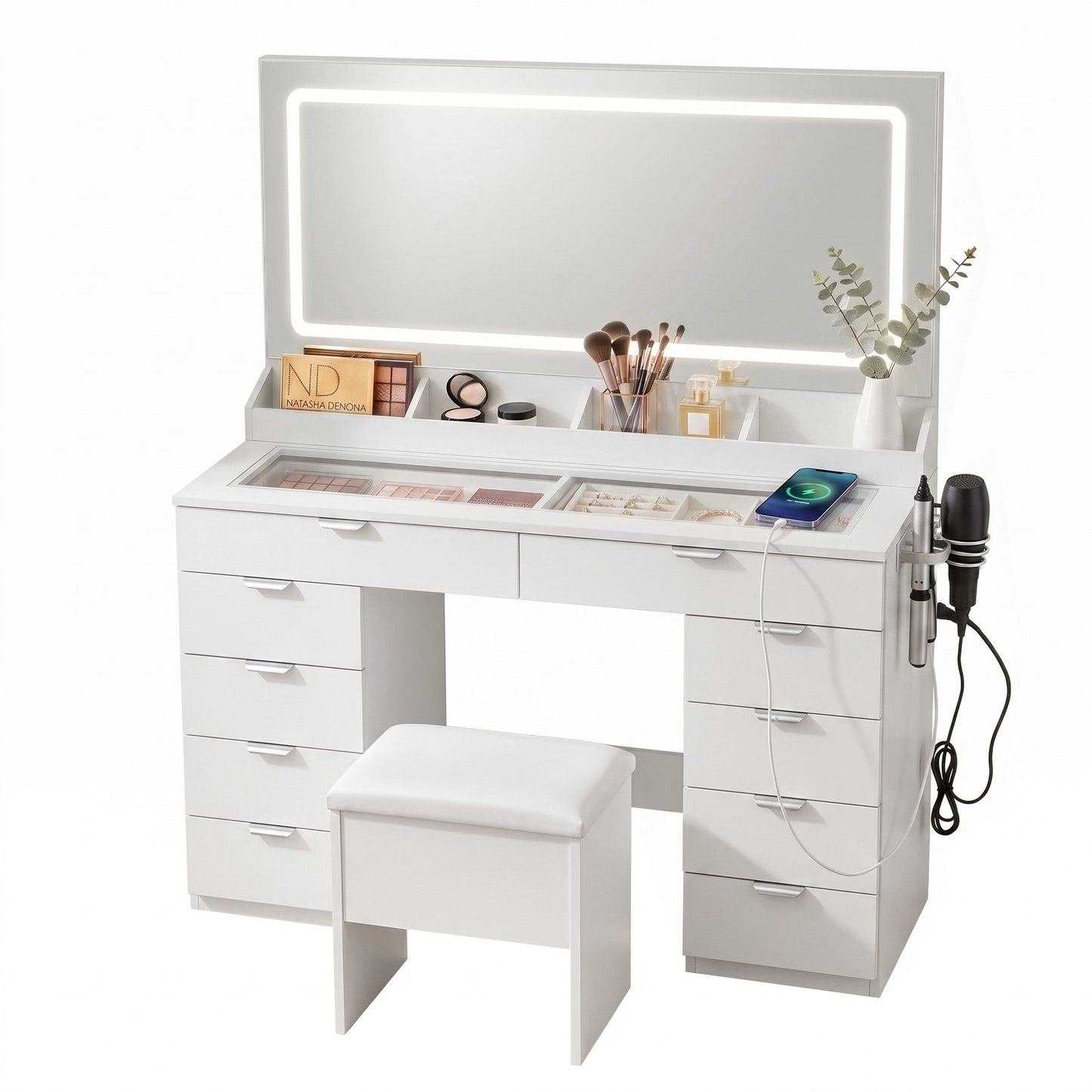 Artiss Dressing Table Makeup Vanity Desk Large LED Mirror 10 Drawers Power Outlet Hair Dryer Holder Hook White