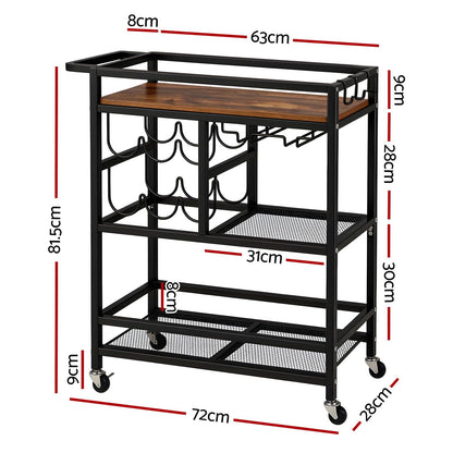 Artiss Bar Cart Drinks Trolley Serving Wine Rack Glass Holder 3 Hooks 72cm Black