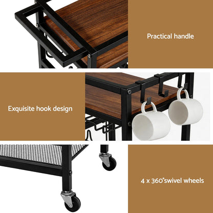 Artiss Bar Cart Drinks Trolley Serving Wine Rack Glass Holder 3 Hooks 72cm Black