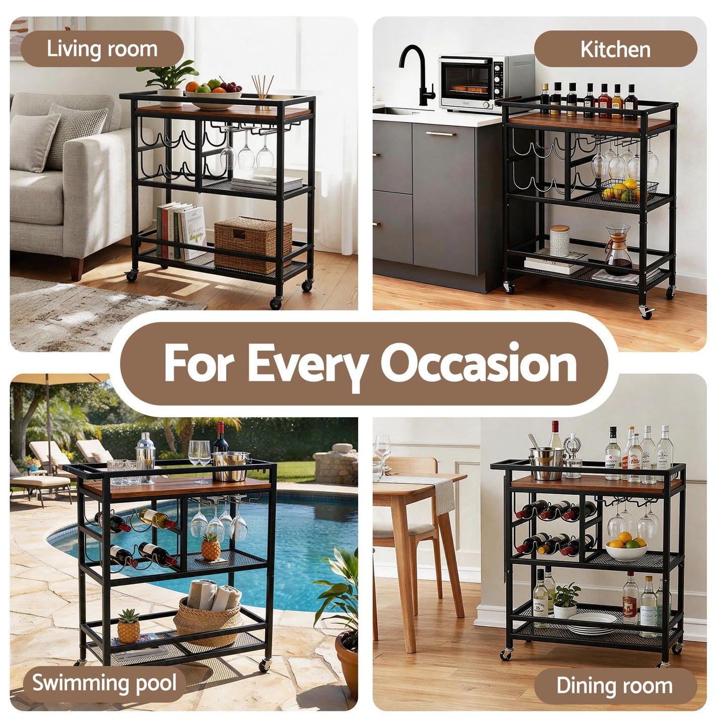 Artiss Bar Cart Drinks Trolley Serving Wine Rack Glass Holder 3 Hooks 72cm Black