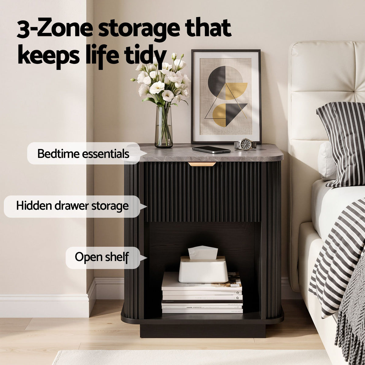 Artiss Bedside Table with 1 Drawer Side Table Black Nightstand