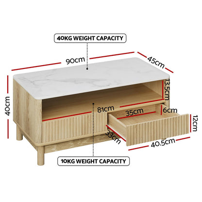 Artiss Coffee Table Drawer Shelf Marble Effect Wood&White