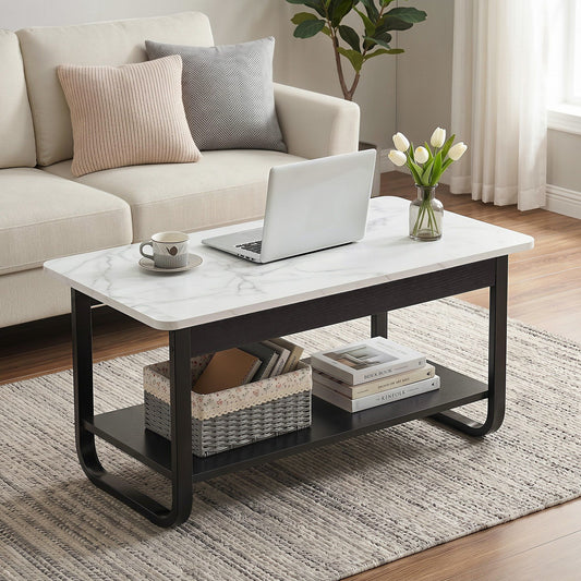 Artiss Coffee Table 2-Tier 80CM Marble Finish Shelf Black&White