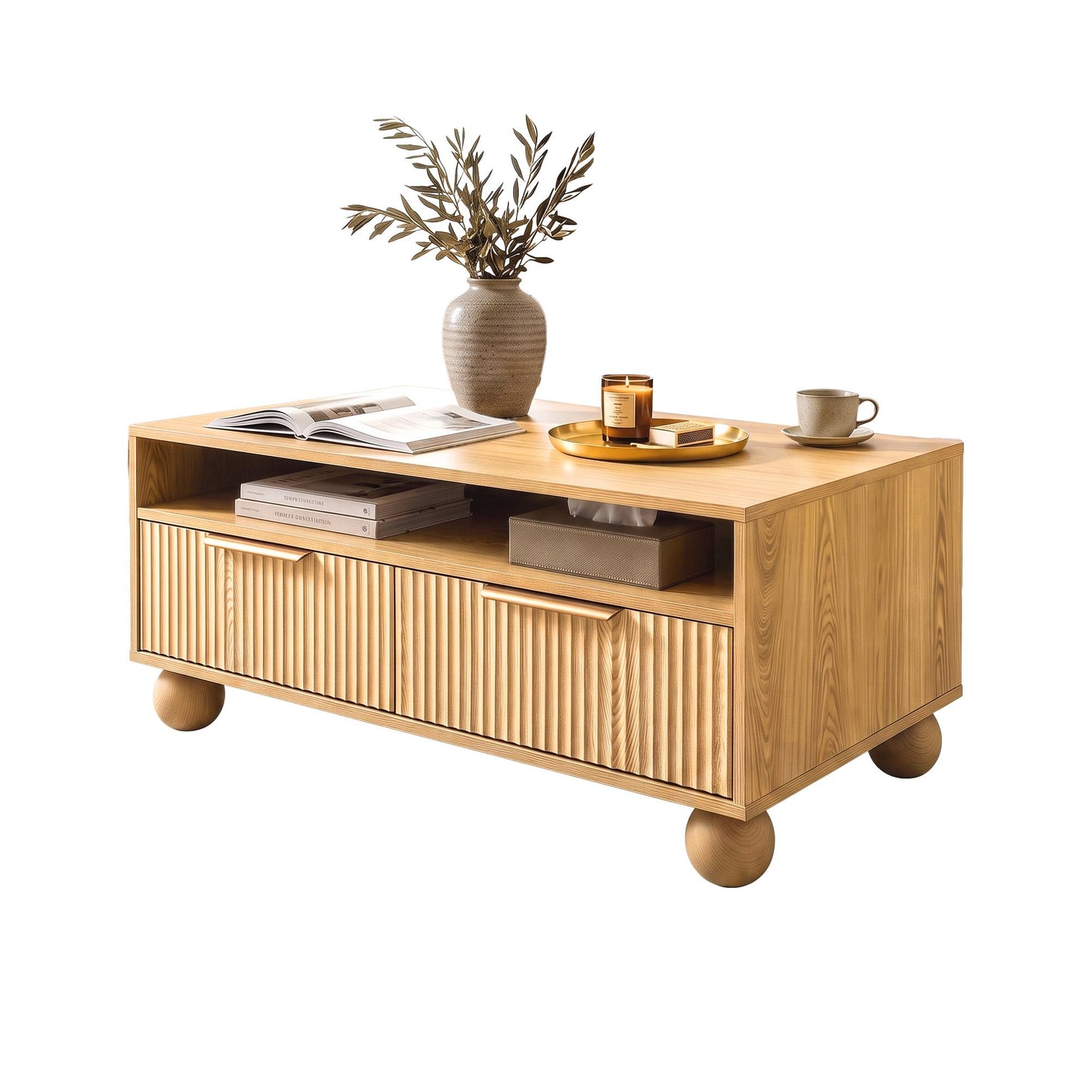 Artiss Coffee Table 90cm Center Table Fluted Drawers Open Shelf Spherical Solid Legs Wood