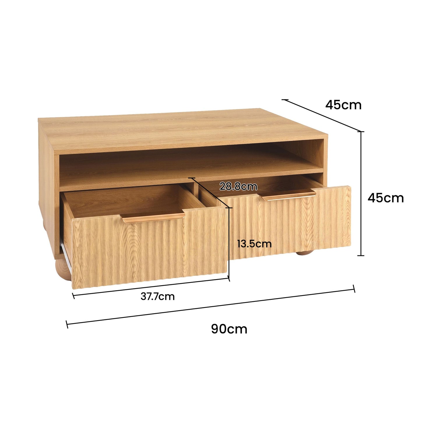 Artiss Coffee Table 90cm Center Table Fluted Drawers Open Shelf Spherical Solid Legs Wood