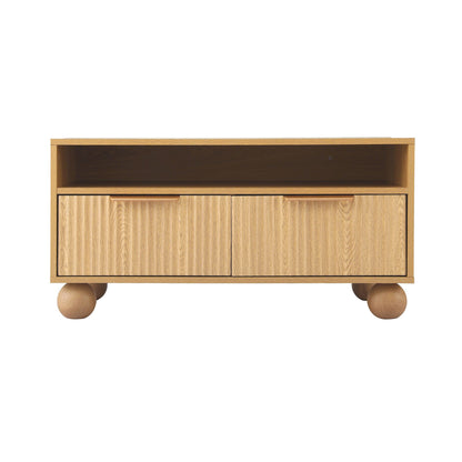Artiss Coffee Table 90cm Center Table Fluted Drawers Open Shelf Spherical Solid Legs Wood