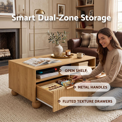 Artiss Coffee Table 90cm Center Table Fluted Drawers Open Shelf Spherical Solid Legs Wood