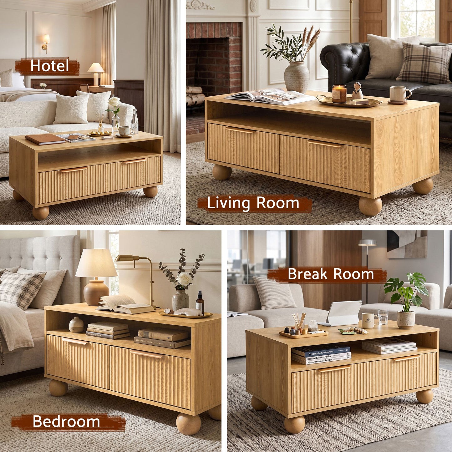 Artiss Coffee Table 90cm Center Table Fluted Drawers Open Shelf Spherical Solid Legs Wood