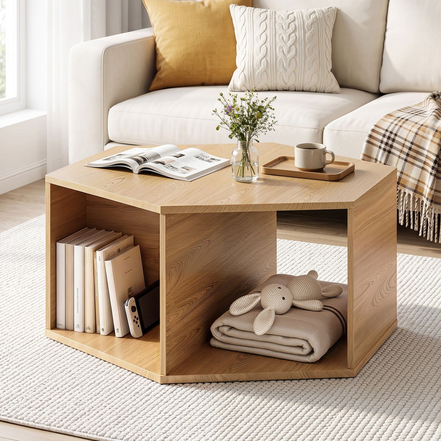Artiss Coffee Table Hexagonal Center Table with Open Storage 2-Way Display Side Table Wood