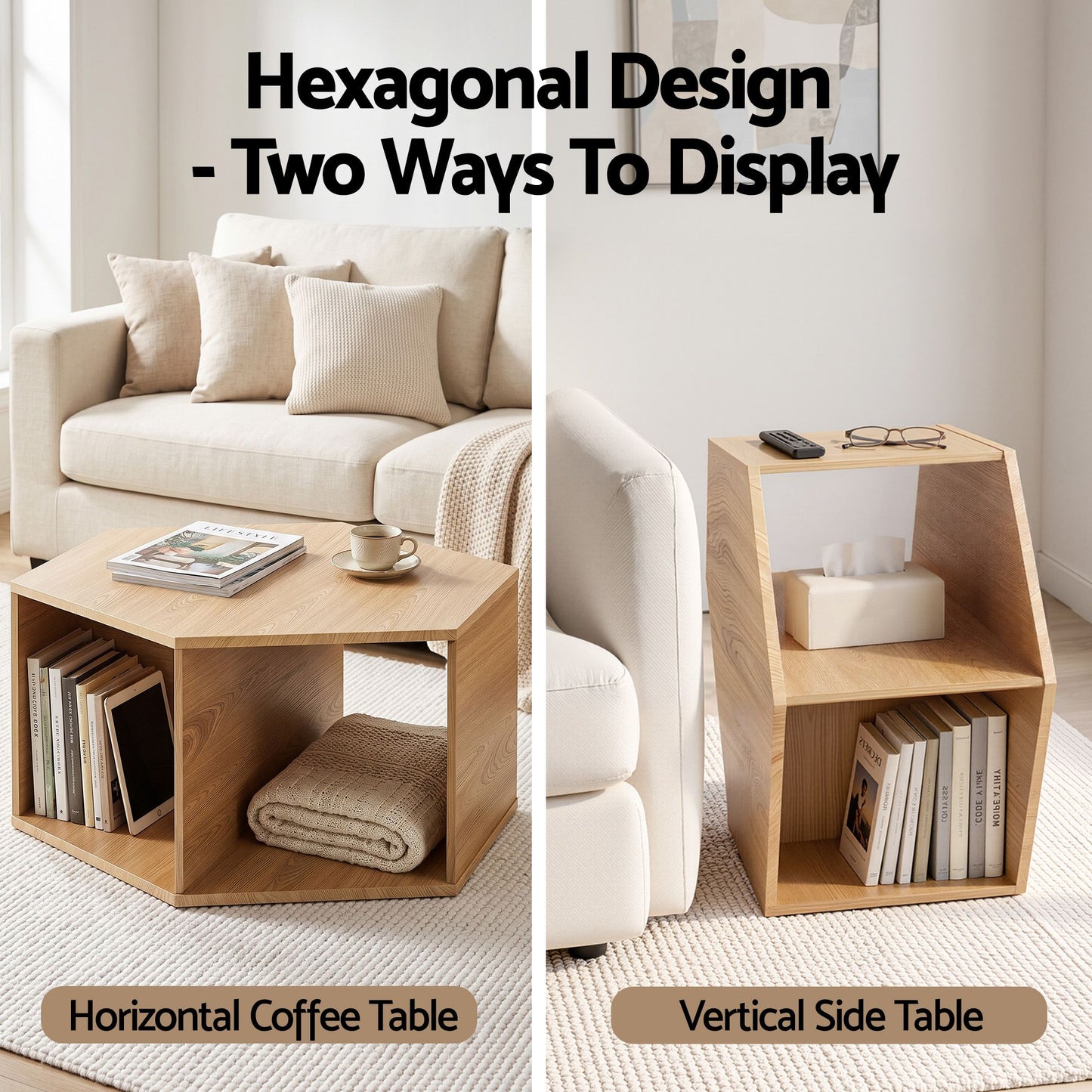 Artiss Coffee Table Hexagonal Center Table with Open Storage 2-Way Display Side Table Wood