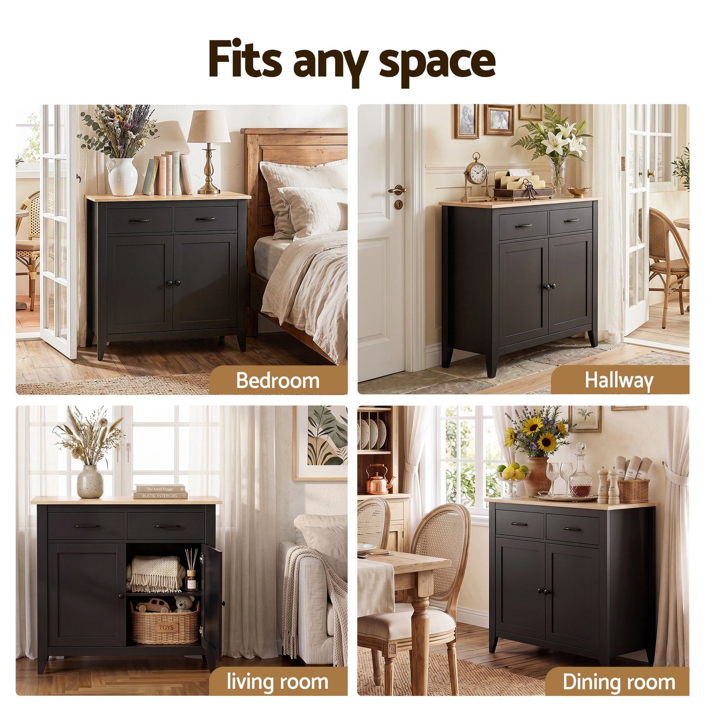 Artiss Buffet Sideboard Cabinet Kitchen Storage Cupboard Pantry 2 Drawers Black