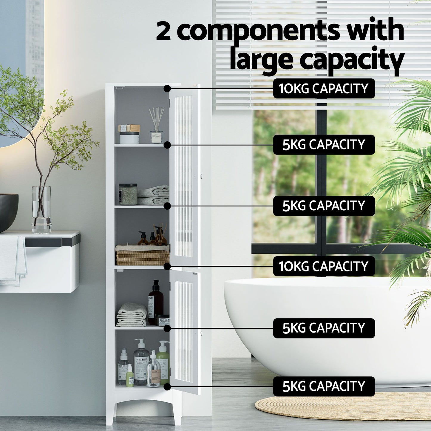 Artiss 2X Bathroom Storage Cabinet 160cm Tall Slim Floor Cupboard Toilet Glass Door White