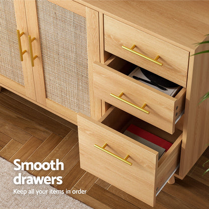 Artiss Buffet Sideboard Hutch Storage Cabinet Kitchen Cupboard Hooks Rattan Pine