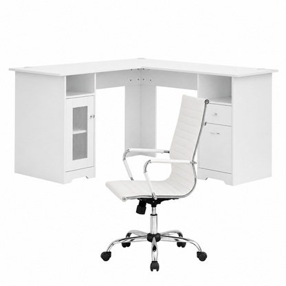 Artiss Office Desk and Chair Set L Shape Computer Desk 150cm with Storage Cabinet & Drawers, Ergonomic PU Leather Office Chair, White Home Office Furniture