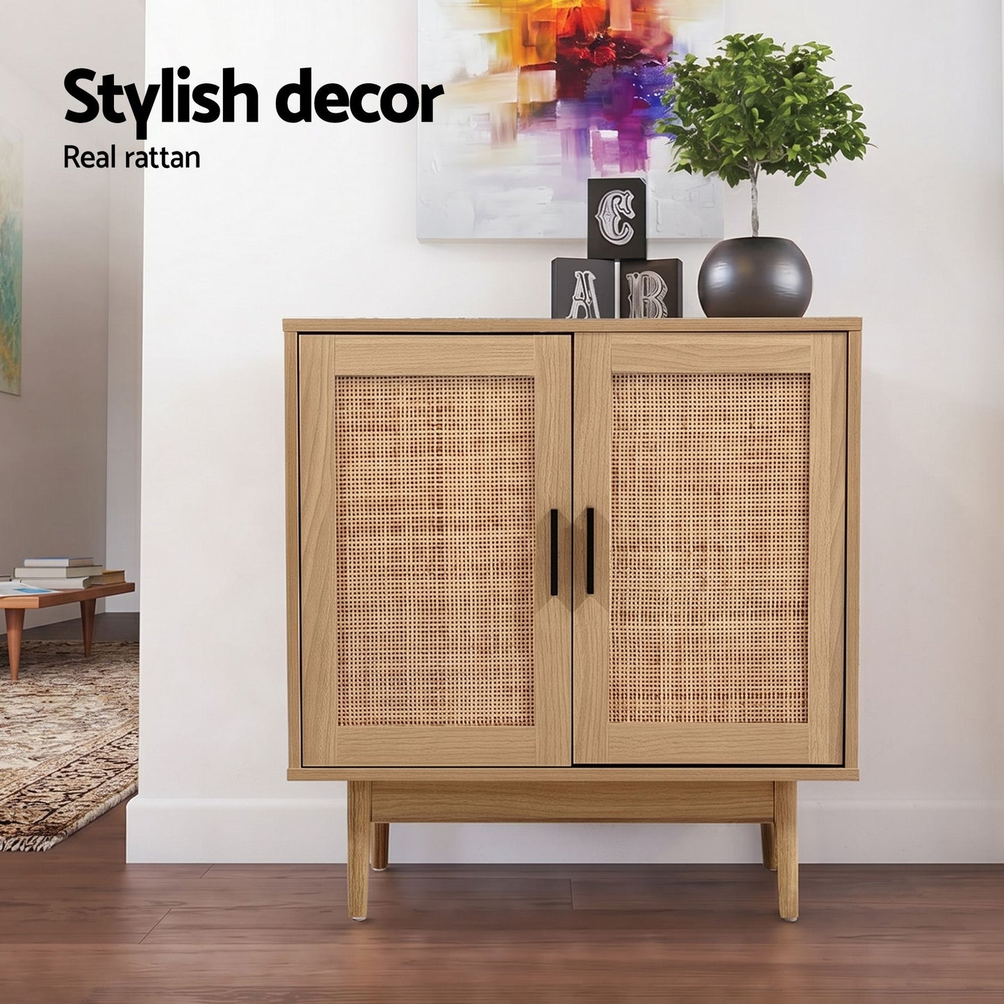 Artiss 2x Buffet Sideboard Cabinet Rattan Cupboard 2 Doors Storage Pantry BRIONY