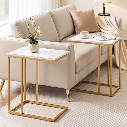 Artiss C Shaped End Table Set of 2 Coffee Table Side Table White & Gold