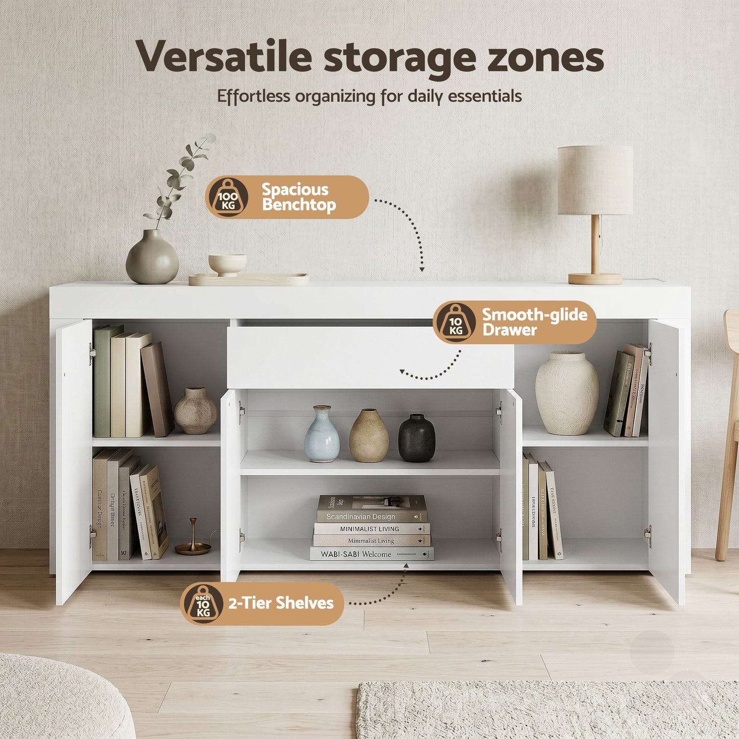 Artiss Buffet Sideboard Cabinet 180cm Cupboard Pantry Storage Drawer White DANA