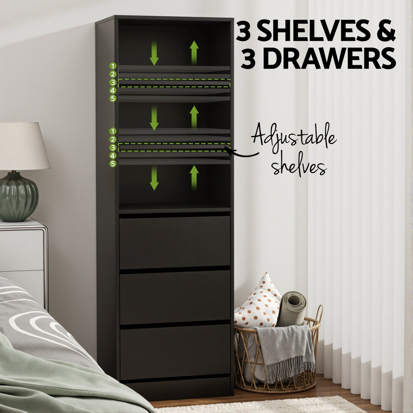 Artiss 3 Chest of Drawers Tallboy Cabinet Black