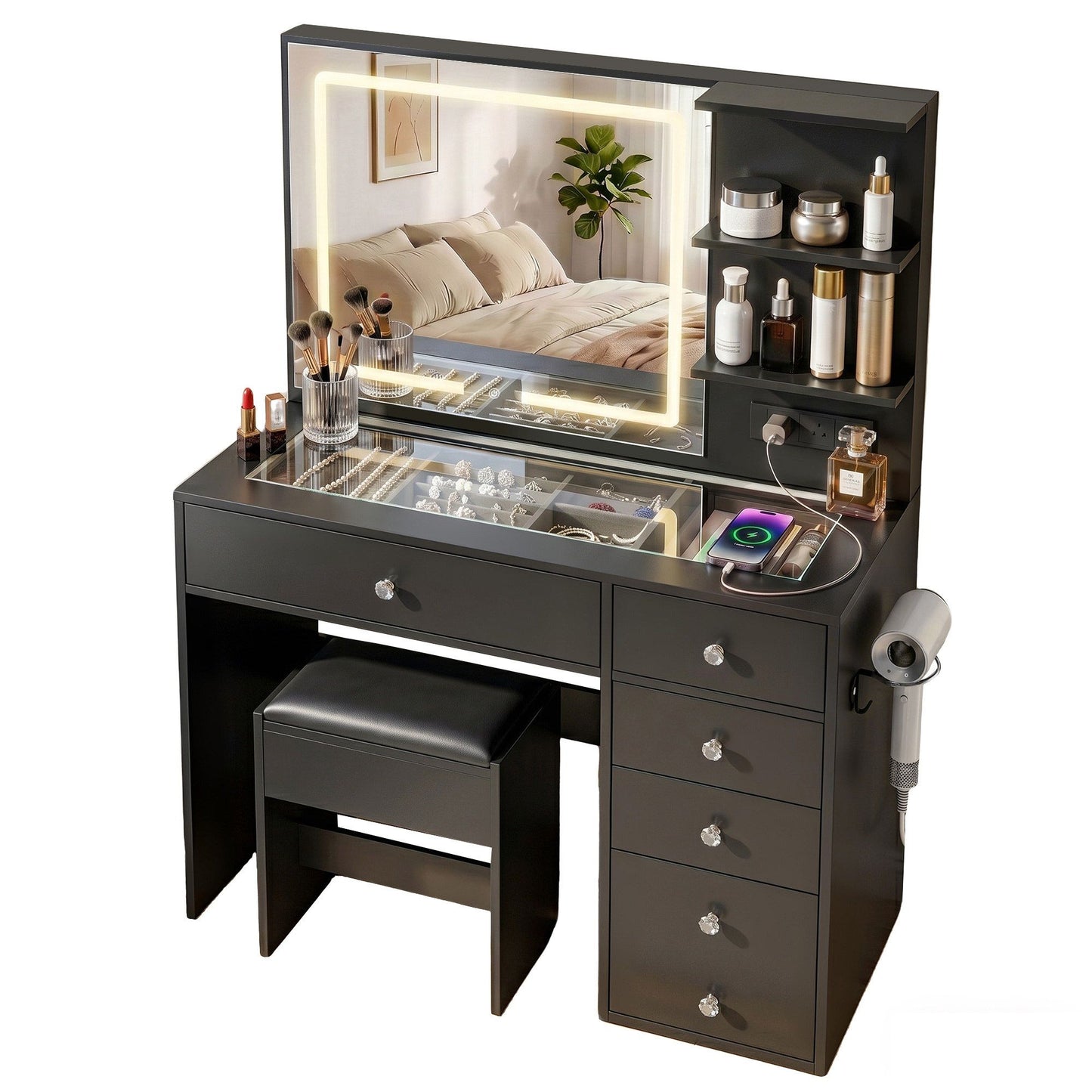 Artiss Dressing Table LED Vanity Desk Set Stool Black