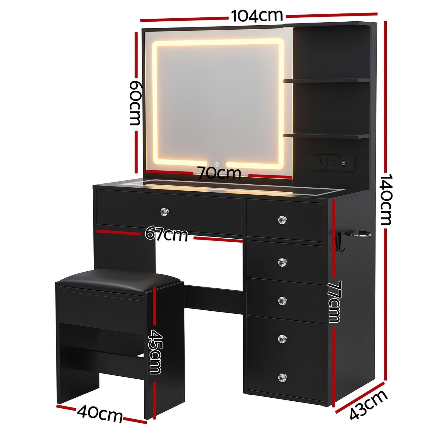 Artiss Dressing Table LED Vanity Desk Set Stool Black