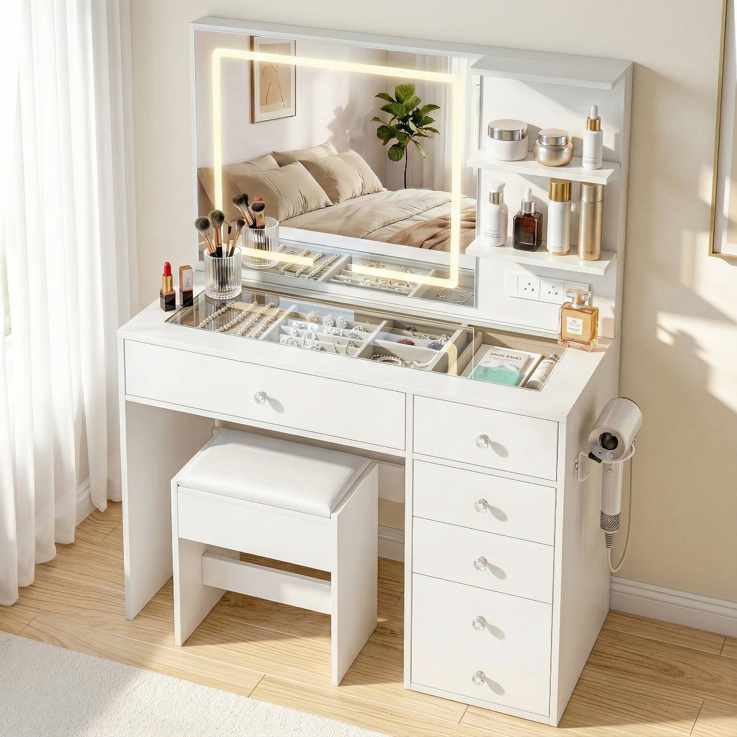 Artiss Dressing Table LED Vanity Desk Set Stool White