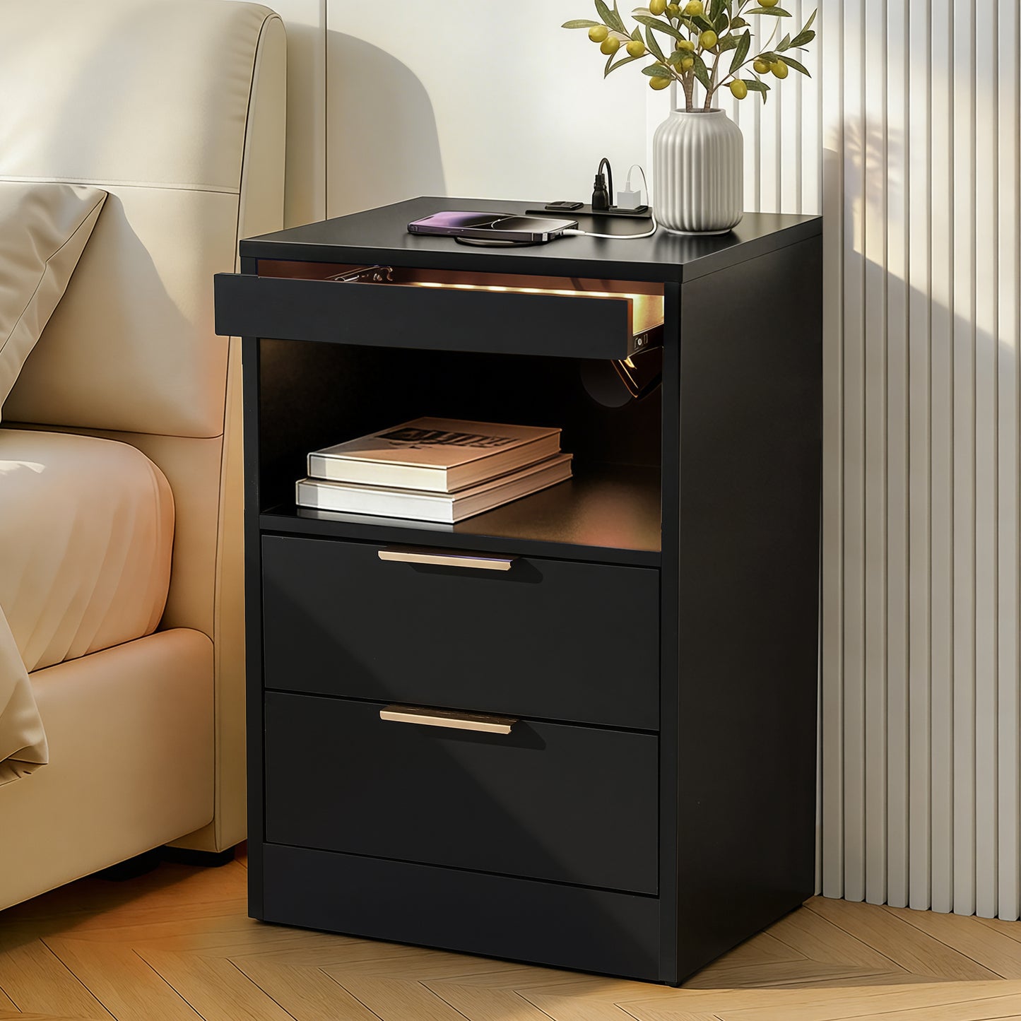 Artiss Bedside Table LED Nightstand Charging Station 2 Drawers - Black