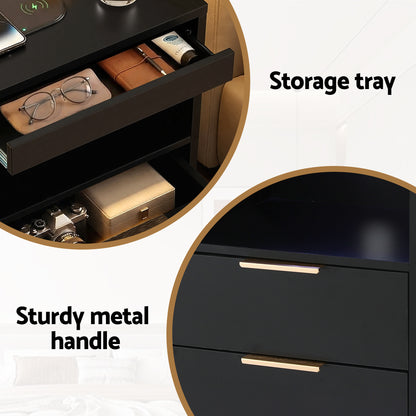 Artiss Bedside Table LED Nightstand Charging Station 2 Drawers - Black