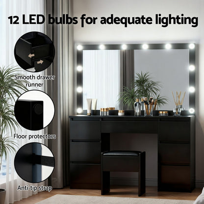 Artiss Dressing Table Vanity Desk Set Stool 12 Led Bulbs Black