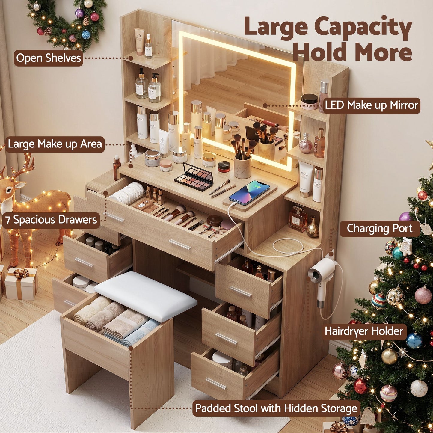 Artiss Dressing Table Vanity Desk Set Stool LED Charging Station Wood