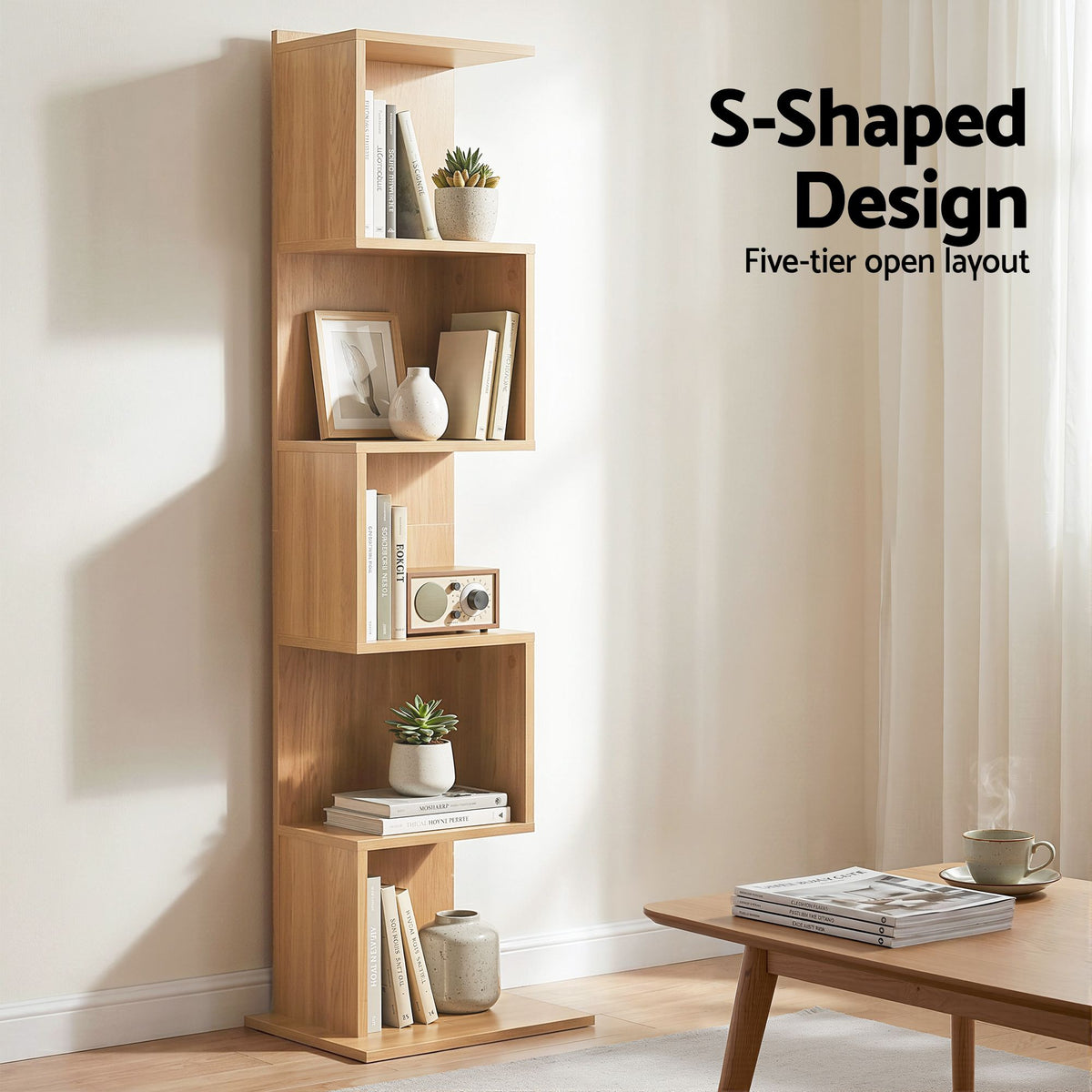Artiss 5 Tiers Bookshelf S-shaped Bookcase Oak