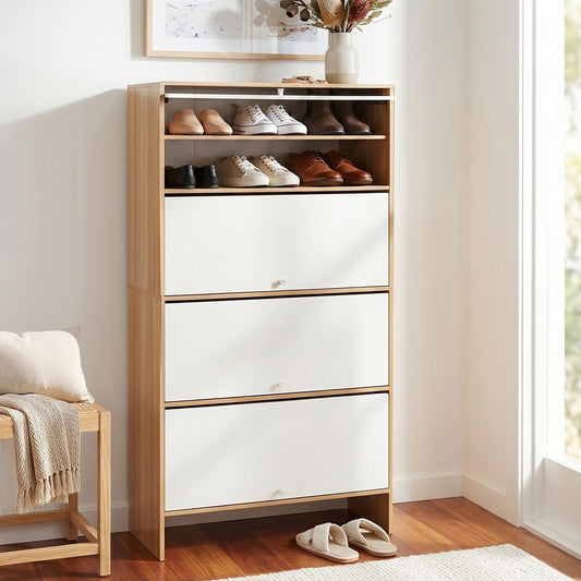 Artiss Narrow Shoe Cabinet Adjustable Shelves Flip-up Door White & Pine