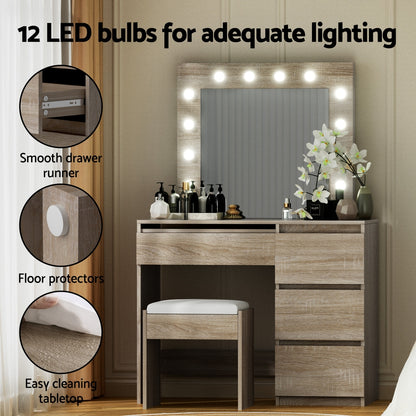 Artiss Dressing Table Set Stool 12 Led Bulbs Wood