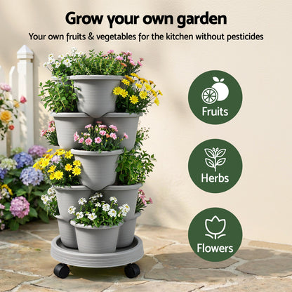 Green Fingers 5 Tier Vertical Garden Planter, Stackable Planters with 4 Wheels, Grey, Raised Garden Bed, Garden Tower Indoor Outdoor, Auto Drainage System, for Strawberries, Herbs, Flower, Vegetables