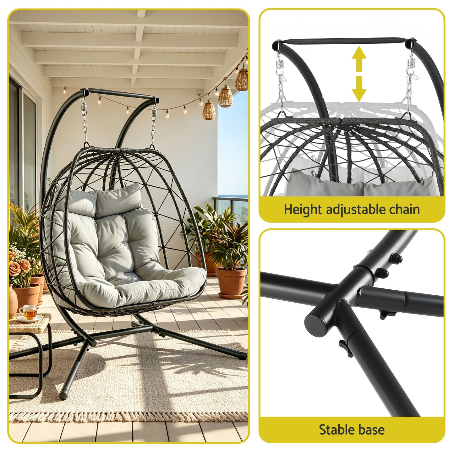 Gardeon Outdoor Swing Chair 2 Seater with Stand Cushion Rattan Patio Furniture
