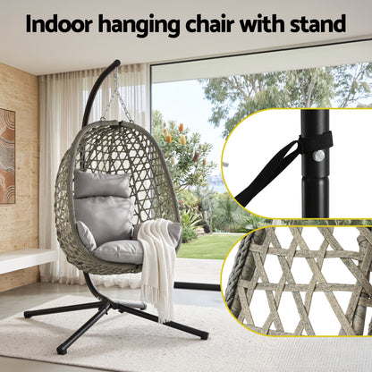 Gardeon Outdoor Swing Chair with Stand Cushion Rattan Furniture Grey